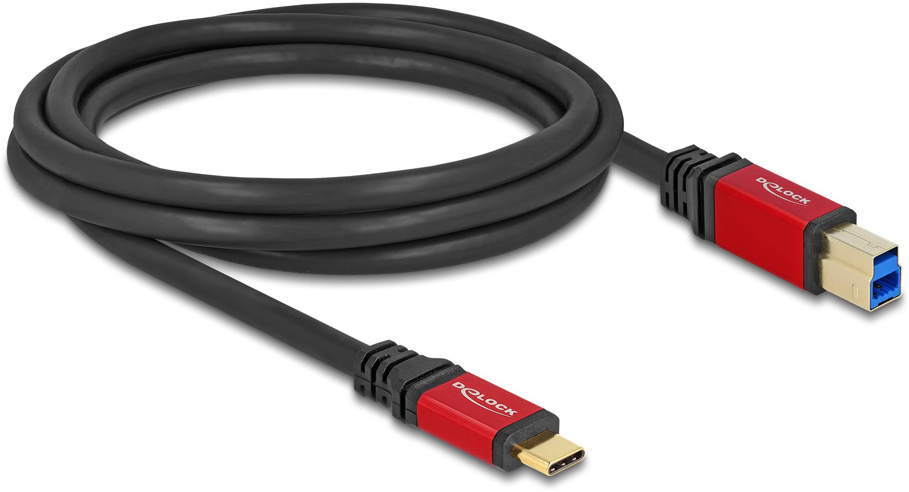 Černý kabel s konektorem USB-C na jedné straně a konektorem USB-B na straně druhé, oba červeně opláštěné.
