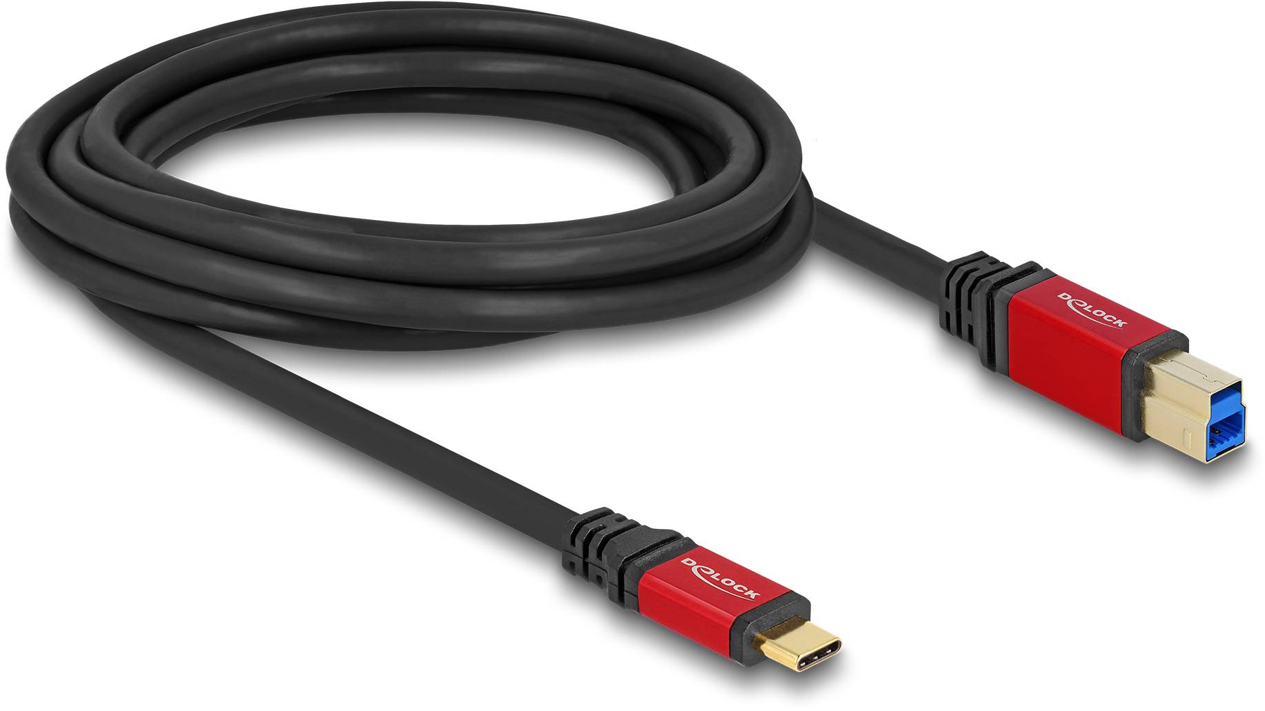 Černý USB kabel s červenými konektory, s USB-C konektorem na jedné straně a USB-A konektorem na straně druhé.