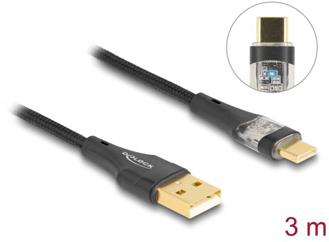 USB kabel s USB-A a USB-C konektory, délka 3 metry, černý. Obsahuje pozlacené kontakty a průhledný úsek s vnitřním pohledem.