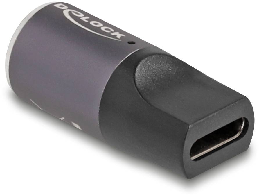 Adaptér USB-C na USB-A od společnosti Delock z blízka. Černé a šedé tělo s konektorem USB-C na jedné straně.