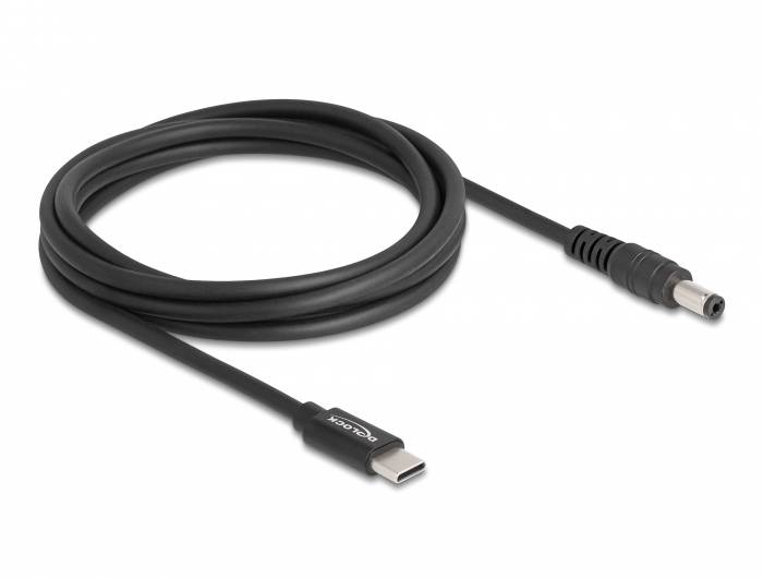 Černý USB-C na DC kabel, vhodný pro napájení a nabíjení zařízení.