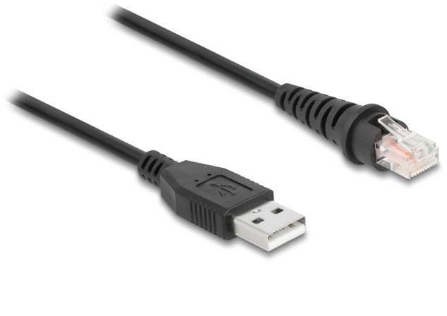 USB-to-Ethernet kabel s USB konektorem na levé straně a Ethernet konektorem na straně pravé.