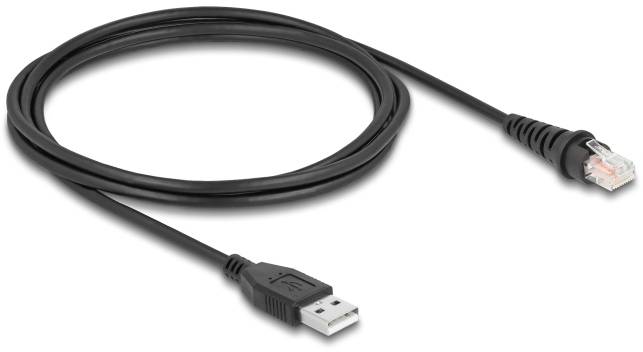 Černý USB-na-Ethernet kabel, používaný k připojení počítačů do sítí.