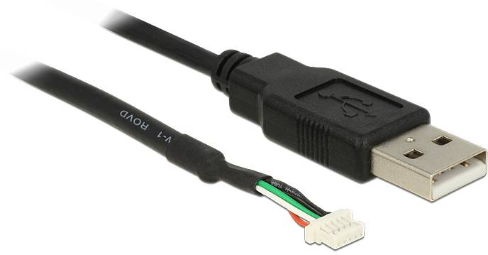 Černý USB kabel s konektorem na horním konci a volnými barevnými vodiči na konci dolním.
