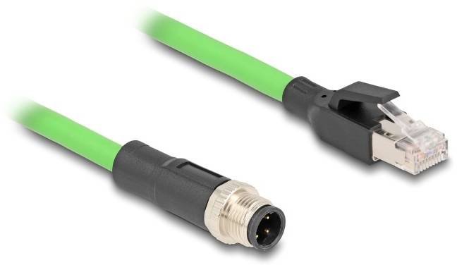 Zelený kabel s konektorem M12 na jedné straně a konektorem RJ45 na straně druhé, používaný pro průmyslové sítě.