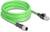 Zelený ethernetový kabel s konektorem RJ45 a konektorem M12, vhodný pro průmyslové síťové připojení.