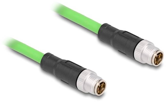 Zelený kabel M12 s černými konektory na obou koncích, vhodný pro průmyslové aplikace.