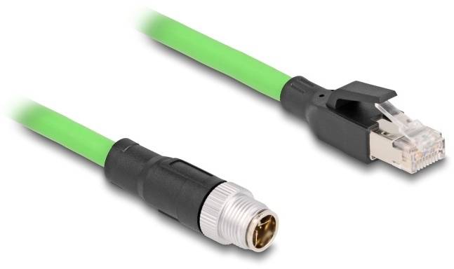 Zelený ethernetový kabel s konektorem RJ45 vlevo a kulatým konektorem vpravo. Používá se pro průmyslová síťová připojení.