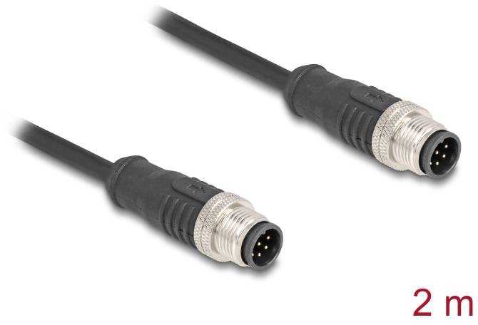 Dvoumetrový kabel se dvěma konektory M12, vhodný pro průmyslové aplikace.