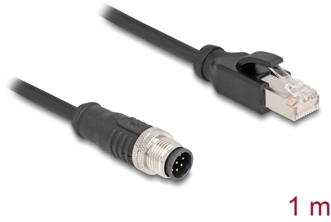 Síťový kabel s konektory RJ45 a M12, délka 1 metr, černý. Používá se pro průmyslové síťové aplikace.