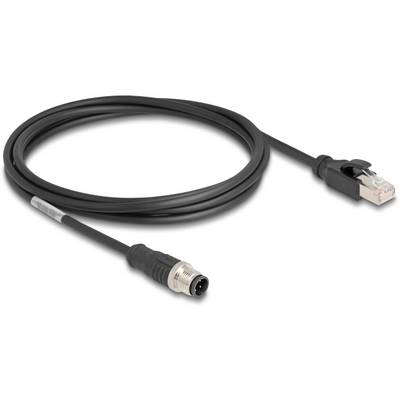 Ethernetový kabel s RJ45 konektorem na jedné straně a M12 konektorem na straně druhé, vhodný pro průmyslové aplikace.