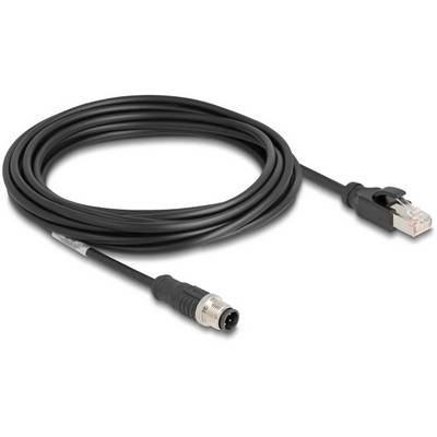 Černý ethernetový kabel s konektorem RJ45 na jednom konci a kulatým konektorem na straně druhé, vhodný pro průmyslové aplikace.