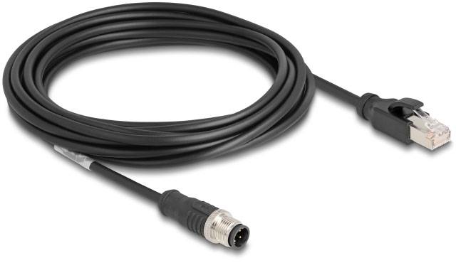 Černý kabel zakončený na jedné straně konektorem RJ45 a na druhé straně kulatým konektorem M12, vhodný pro průmyslové aplikace.
