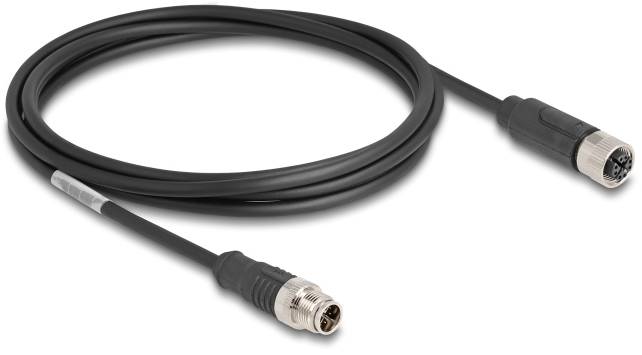 Černý datový kabel se dvěma kulatými konektory na koncích, vhodný pro technická připojení nebo elektronická zařízení.