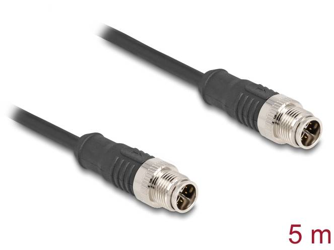 'Černý kabel, 5 metrů dlouhý, se dvěma 4-pinovými M12 konektory.'