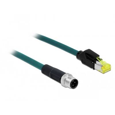Zelený ethernetový kabel s RJ45 konektorem a kulatým průmyslovým konektorem.
