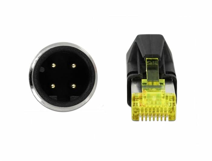 Kulatá čtyřpólová zástrčka vedle pravoúhlé zástrčky RJ45. Obě slouží k elektrickému propojení a přenosu dat.