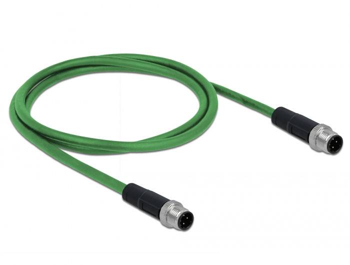 Zelený, flexibilní kabel se zaoblenými zástrčkami na obou koncích, umístěný před bílým pozadím.