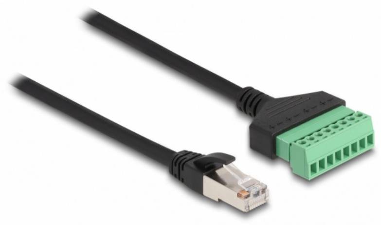 Ethernetový kabel s konektorem RJ45 vlevo a zeleným konektorem svorkovnice vpravo.