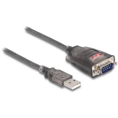 USB-sériový adaptační kabel s USB konektorem vlevo a RS-232 konektorem vpravo.