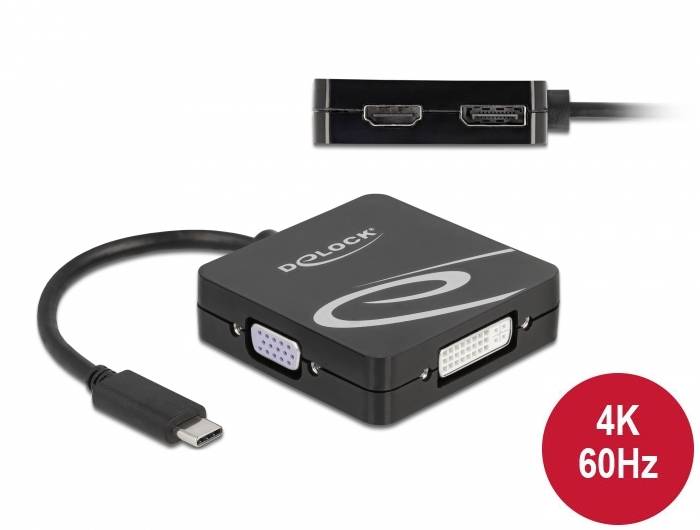 USB-C adaptér s různými porty: VGA, DVI, HDMI. Černý design. Vhodný pro 4K zobrazení při 60 Hz.