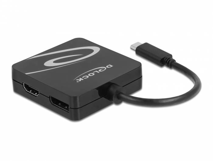 Černý adaptérový kabel s konektorem USB-C a výstupem HDMI od společnosti Delock. Používá se pro video a audio připojení zařízení.