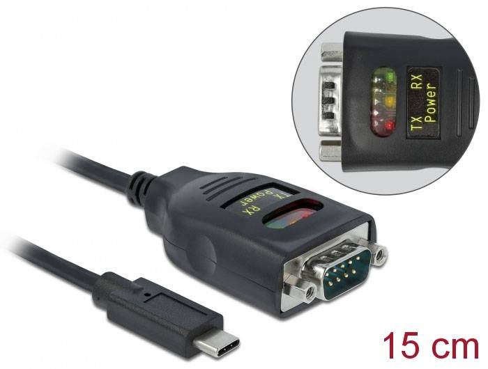 USB-C na RS232 adaptační kabel, délka 15 cm. Na straně RS232 jsou přítomny LED indikátory pro TX, RX a napájení.