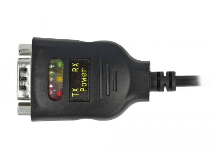 Černý sériový kabel s konektorem DB9 a třemi LED indikátory. Označený štítky 'TX', 'RX', 'Power'.