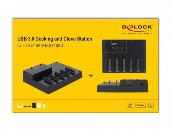 Delock 64098 SATA 6 Gb/s, USB B, DC zásuvka 3,5 mm dokovací stanice pro pevný disk s funkcí klonování, s USB hubem-5