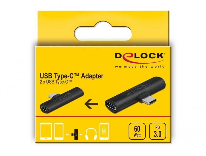 Obal adaptéru 'DELOCK USB Type-C', zobrazující černý T-adaptérový design. Vhodný pro zařízení s 60 watty a Power Delivery 3.0.