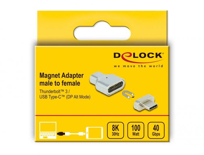 Balení magnetického adaptéru z mužského na ženský, kompatibilní s Thunderbolt 3 a USB Type-C. Podporuje 8K, 100 W, 40 Gb/s.