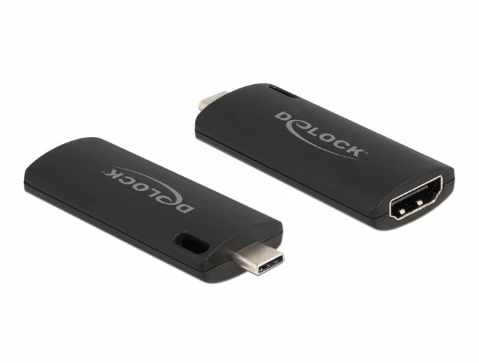 Černý USB-C na HDMI adaptér od společnosti Delock. Vlevo adaptér ukazuje USB-C port, vpravo HDMI port.