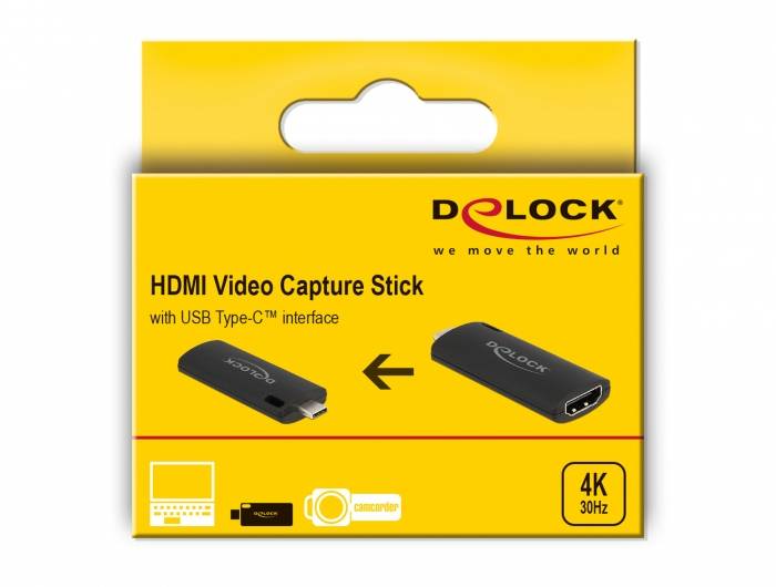 Balení HDMI Video Capture adaptéru s rozhraním USB Type-C od značky Delock, podpora 4K při 30 Hz, vhodný pro PC, smartphone a kameru.