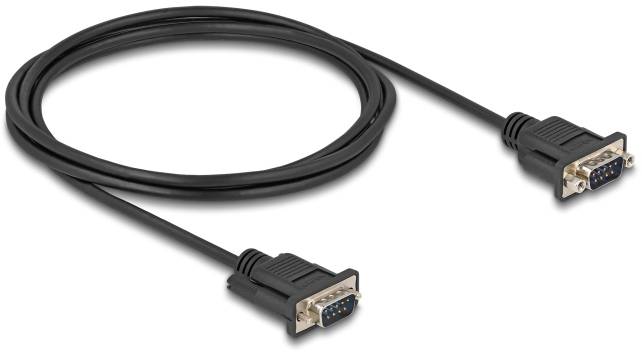 Černý VGA kabel s dvěma 15-pinovými D-Sub konektory na koncích, vhodný pro video připojení mezi počítači a monitory.