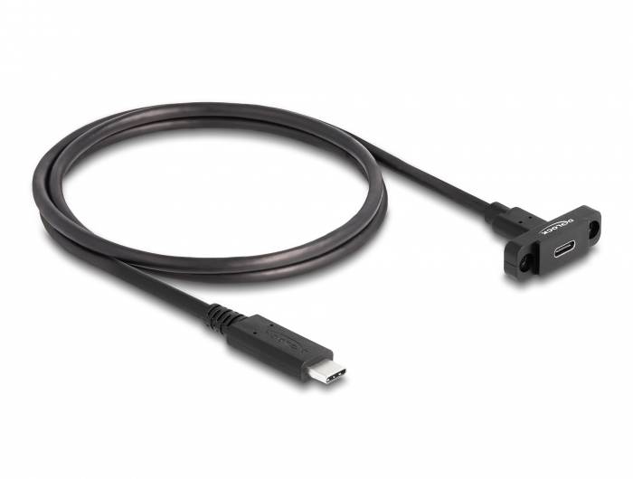 Černý prodlužovací USB-C kabel se zástrčkou a zásuvkou, vhodný pro připojení zařízení pro přenos dat nebo nabíjení.
