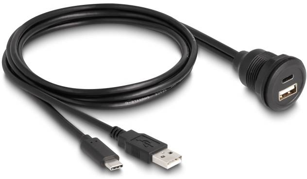 Černý USB kabel s konektory: USB-A, USB-C a samičí USB konektor na jednom konci. Používá se pro přenos dat.