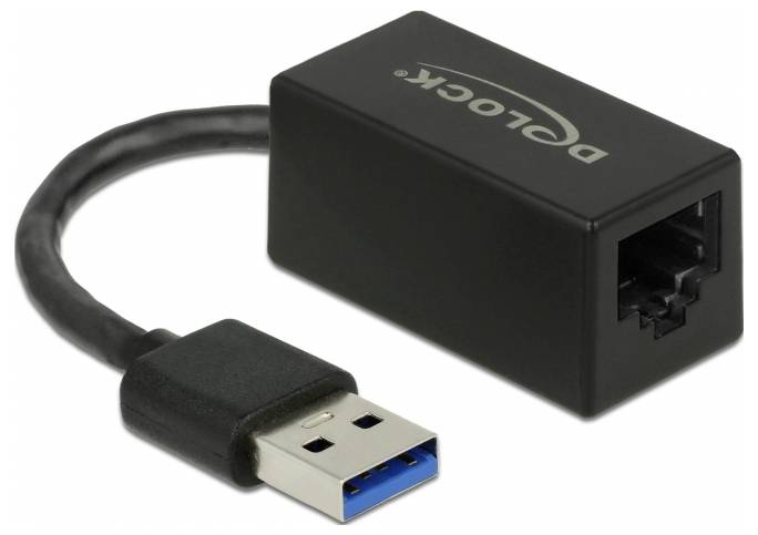 'Delock USB 3.0 na gigabitový ethernetový adaptér' před bílým pozadím. Adaptér má USB zástrčku a ethernetovou zásuvku.