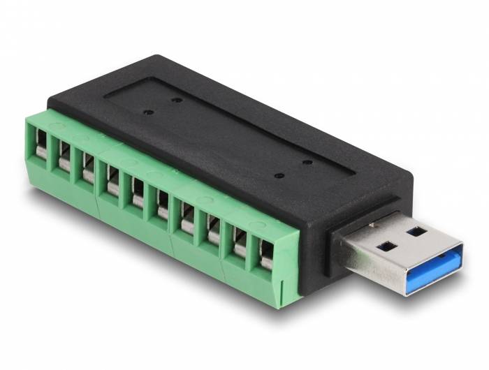 Černý adaptér s konektorem USB 3.0 a zelenými svorkovnicovými konektory. Používá se pro připojení zařízení se sériovými rozhraními.