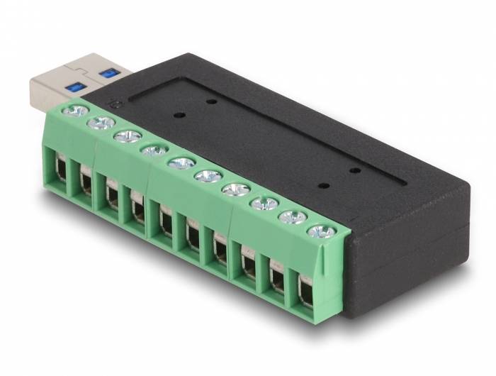 Černý USB adaptér se zelenou svorkovnicí pro elektrické připojení, ideální pro propojení elektronických komponent s počítačem.