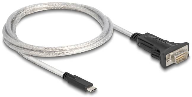 USB-sériový adaptérový kabel s černou koncovkou pro počítačové aplikace. Propojuje zařízení s sériovými porty s moderními počítači.