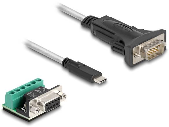USB-C na RS232 adaptérový kabel a deska RS232 portu leží na bílém pozadí.