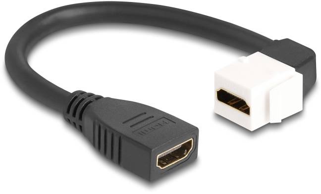 Černý prodlužovací HDMI kabel s černým a bílým koncovým konektorem.
