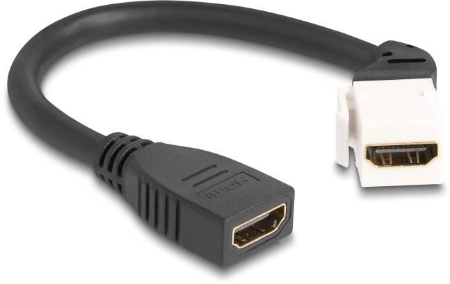 HDMI kabelový adaptér s černým a bílým konektorem. Slouží k propojení HDMI kompatibilních zařízení pro přenos audio a video signálů.