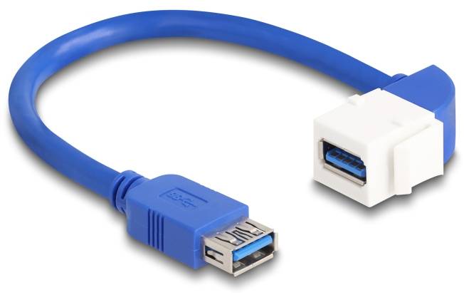 Modré prodlužovací USB 3.0 kabel s USB-A konektorem a USB-A zásuvkou, vhodný pro připojení USB zařízení.
