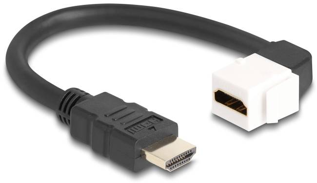 Černý HDMI kabel se standardní zástrčkou vlevo a bílým adaptérovým konektorem vpravo, určený pro připojení zařízení.