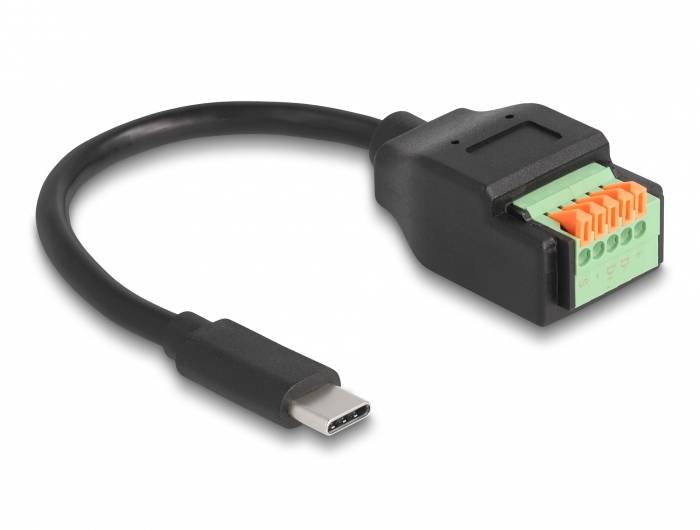 USB-C adaptační kabel se zeleným a oranžovým blokovacím adaptérem pro připojení různých elektronických zařízení.