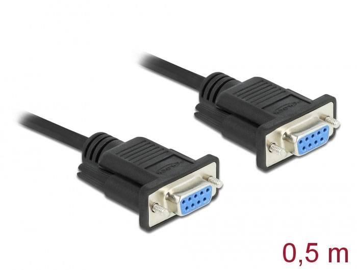 Černý sériový kabel se dvěma modrými konektory DB9, délka 0,5 m. Ideální pro propojení sériových zařízení, jako jsou počítače nebo modemy.