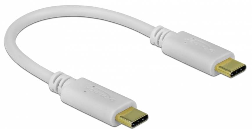 Bílý USB-C na USB-C kabel, vhodný pro připojení moderních zařízení k přenosu dat a nabíjení.