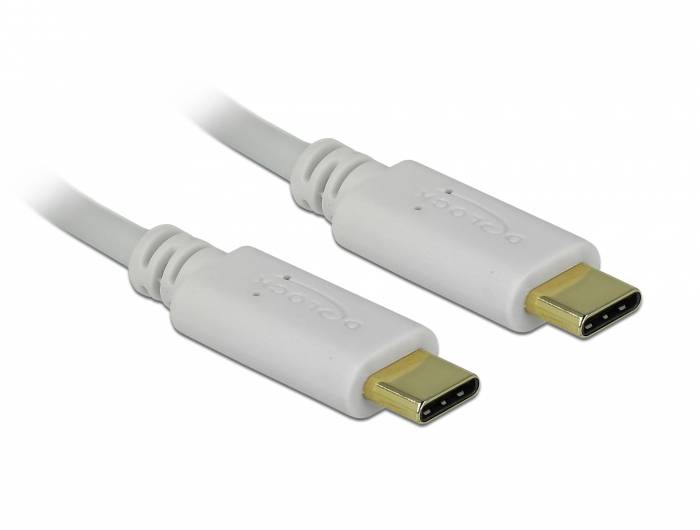 Dva bílé USB-C konektory s kabely. Umožňují rychlé nabíjení a přenos dat pro kompatibilní zařízení.