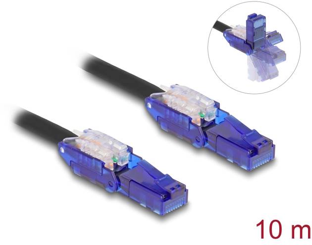 Dva modré ethernetové konektory na černém kabelu, délka 10 metrů. Nahoře vpravo detailní záběr konektoru.